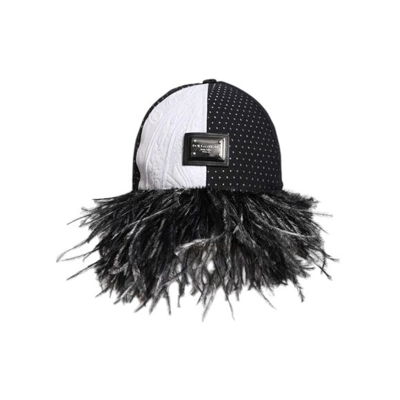 Dolce & Gabbana White Black Polka Dot Feathers Baseball Women's Cap
